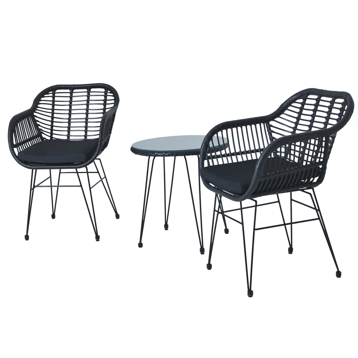 Ensemble de bistrot d'extérieur 3 pièces en rotin et osier avec coussins et table
