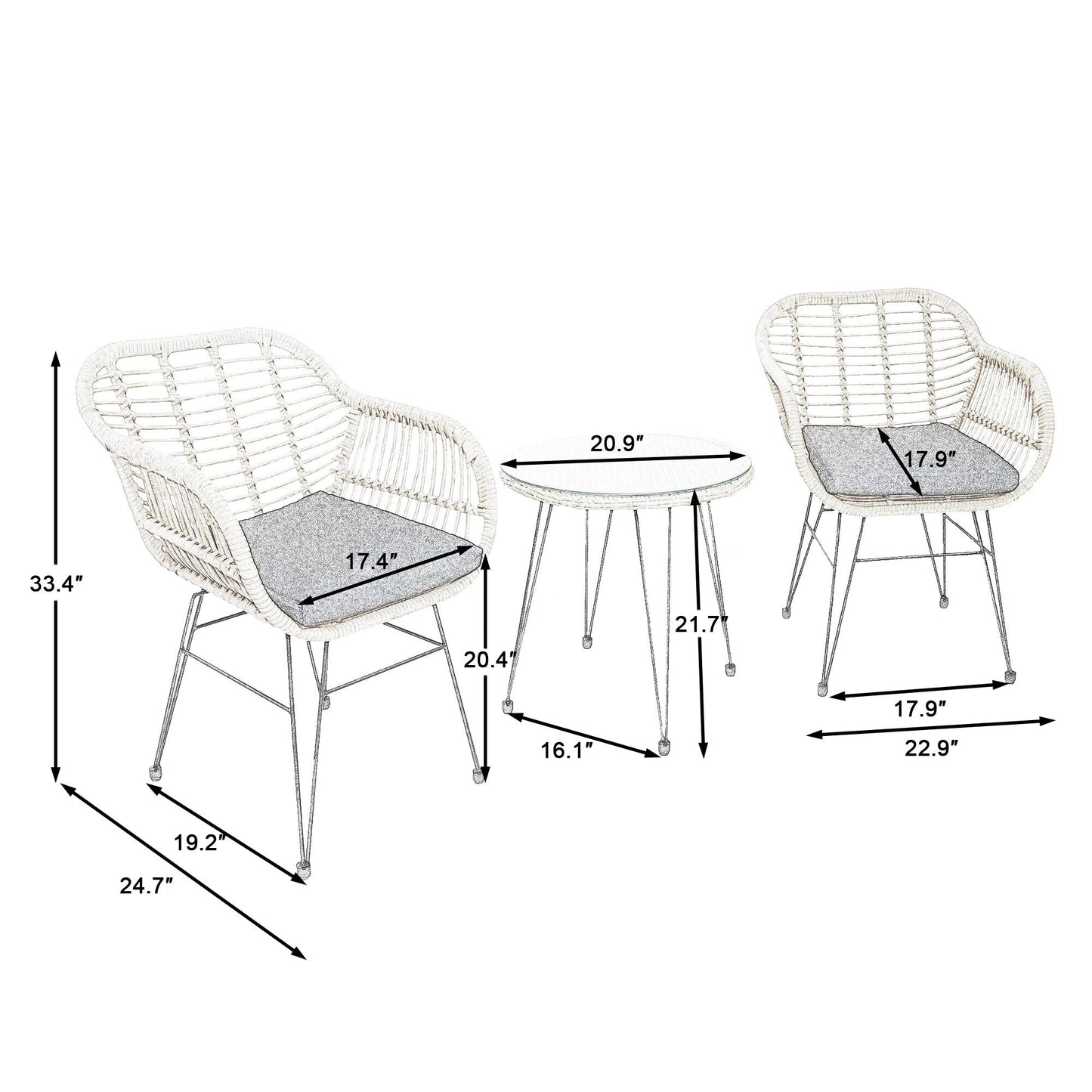 Ensemble de bistrot d'extérieur 3 pièces en rotin et osier avec coussins et table