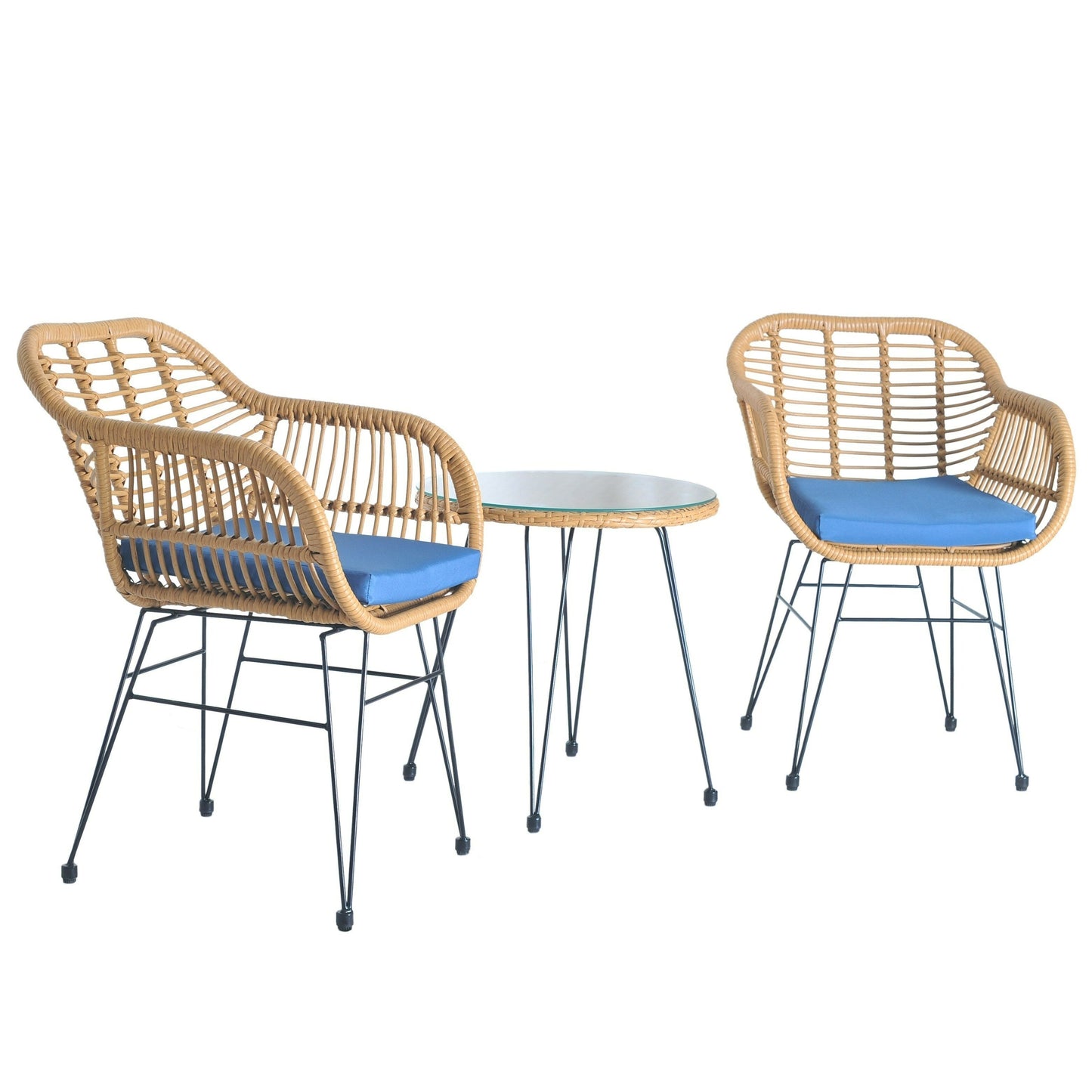 Ensemble de bistrot d'extérieur 3 pièces en rotin et osier avec coussins et table