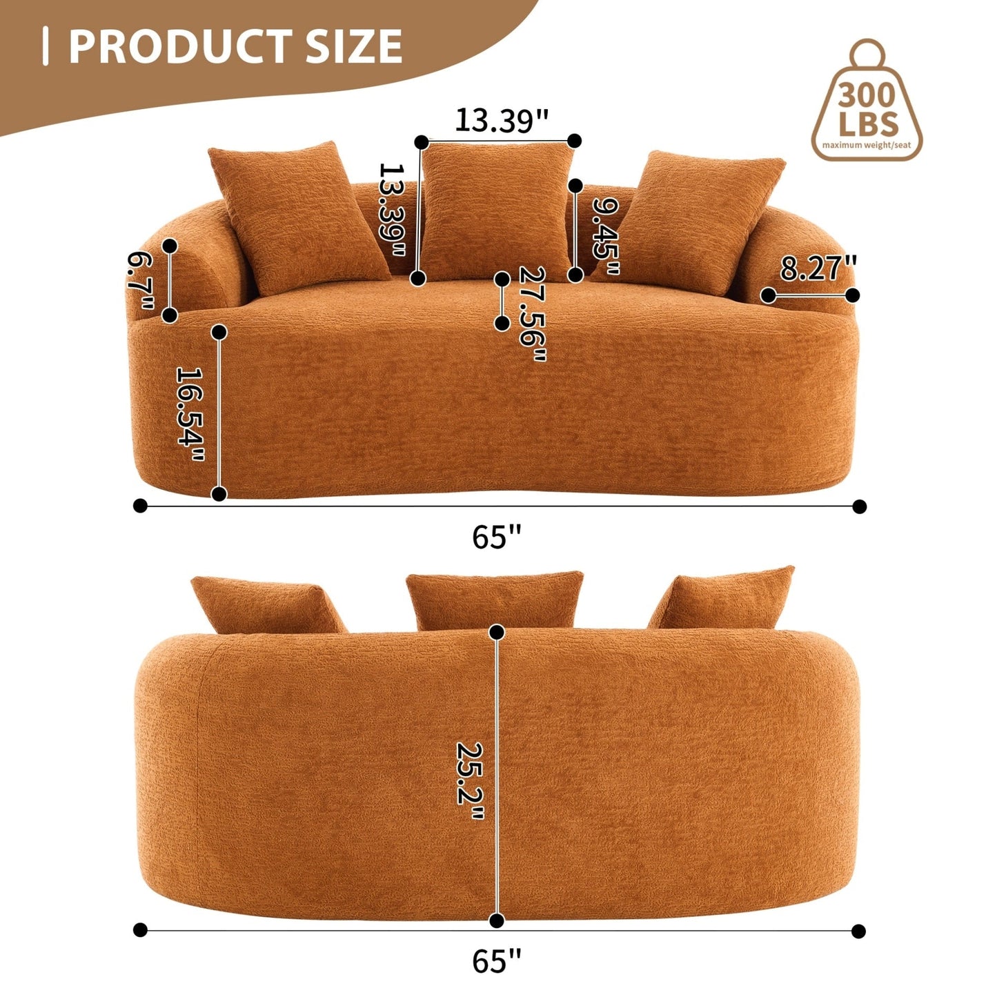 Canapé causeuse compact incurvé en chenille 30D sans assemblage, entièrement compressé en éponge
