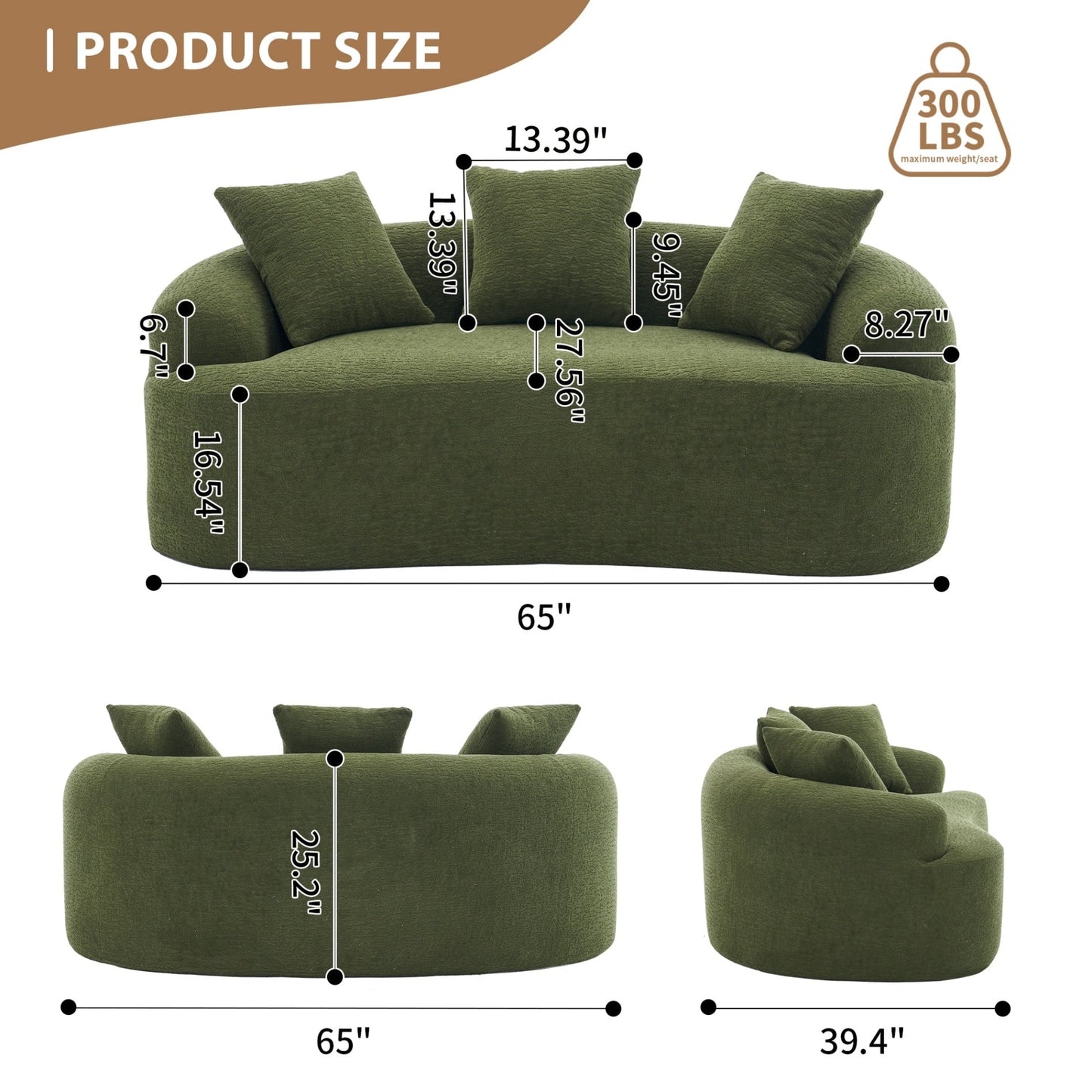 Canapé causeuse compact incurvé en chenille 30D sans assemblage, entièrement compressé en éponge