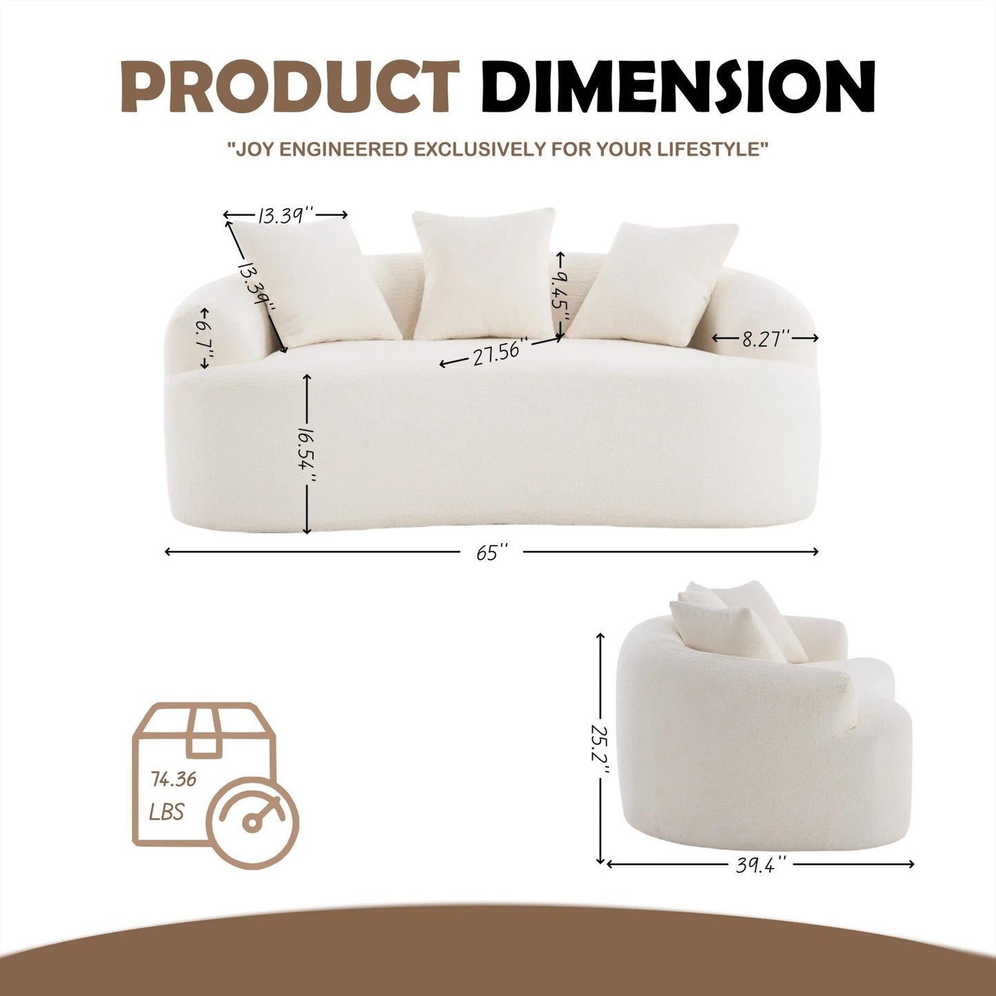Canapé causeuse compact incurvé en chenille 30D sans assemblage, entièrement compressé en éponge