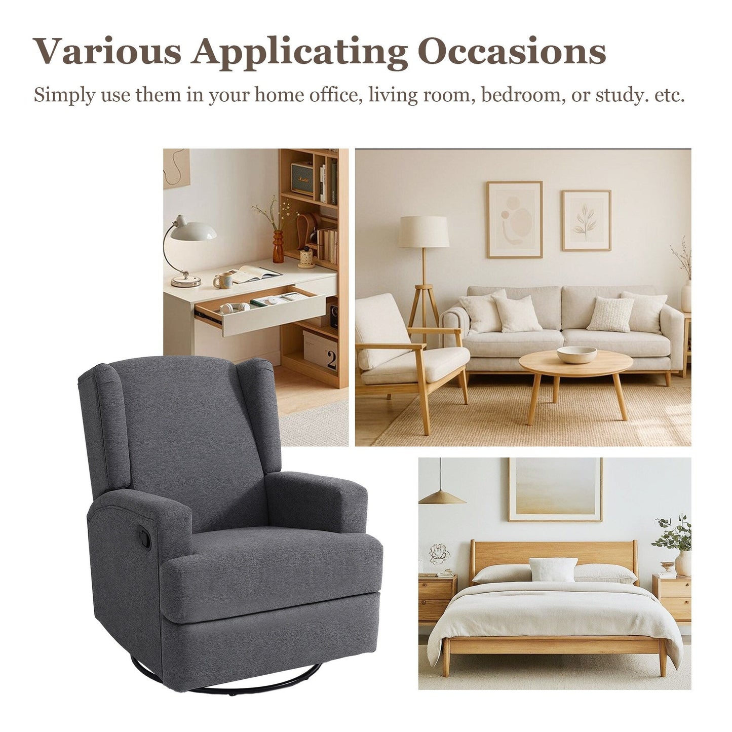 Fauteuil inclinable pivotant manuel de 31 po de largeur, ensemble de 2 pour chambre d'enfant