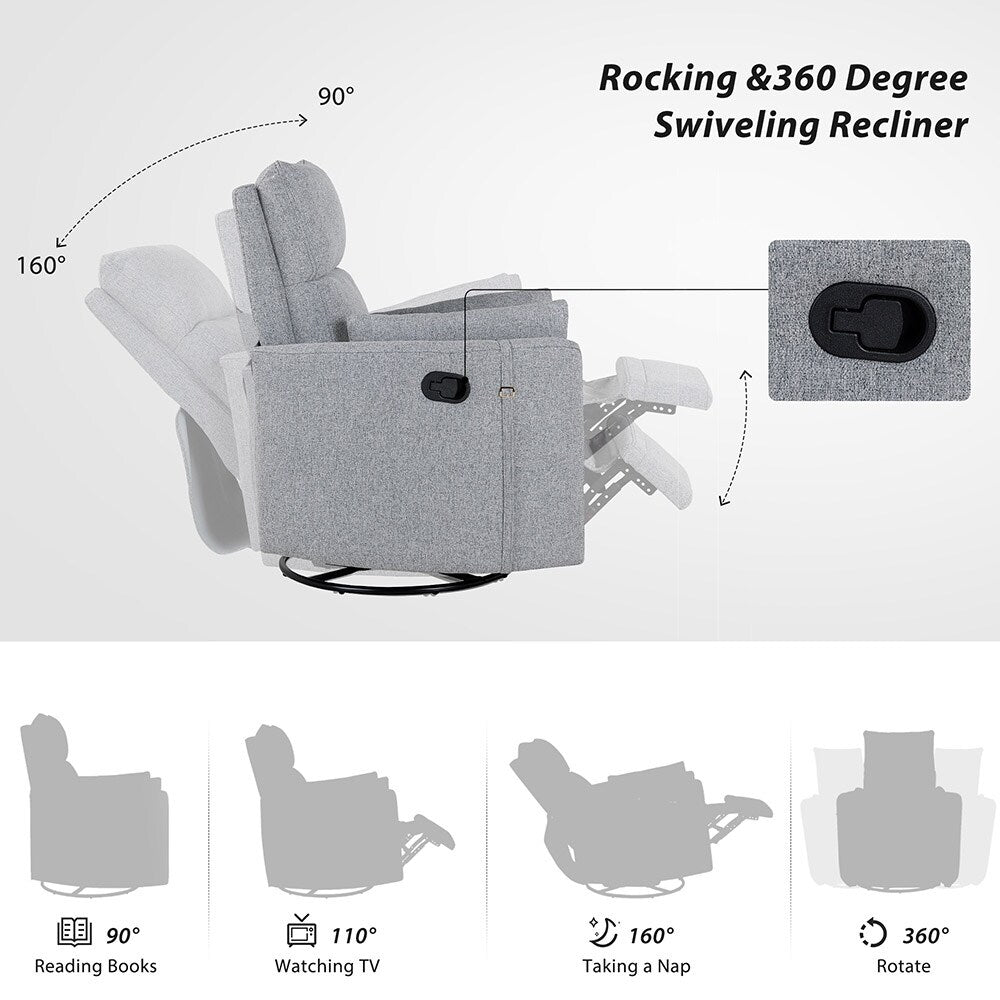 Fauteuil inclinable à bascule pivotant avec 2 oreillers, fauteuil confortable pour allaitement