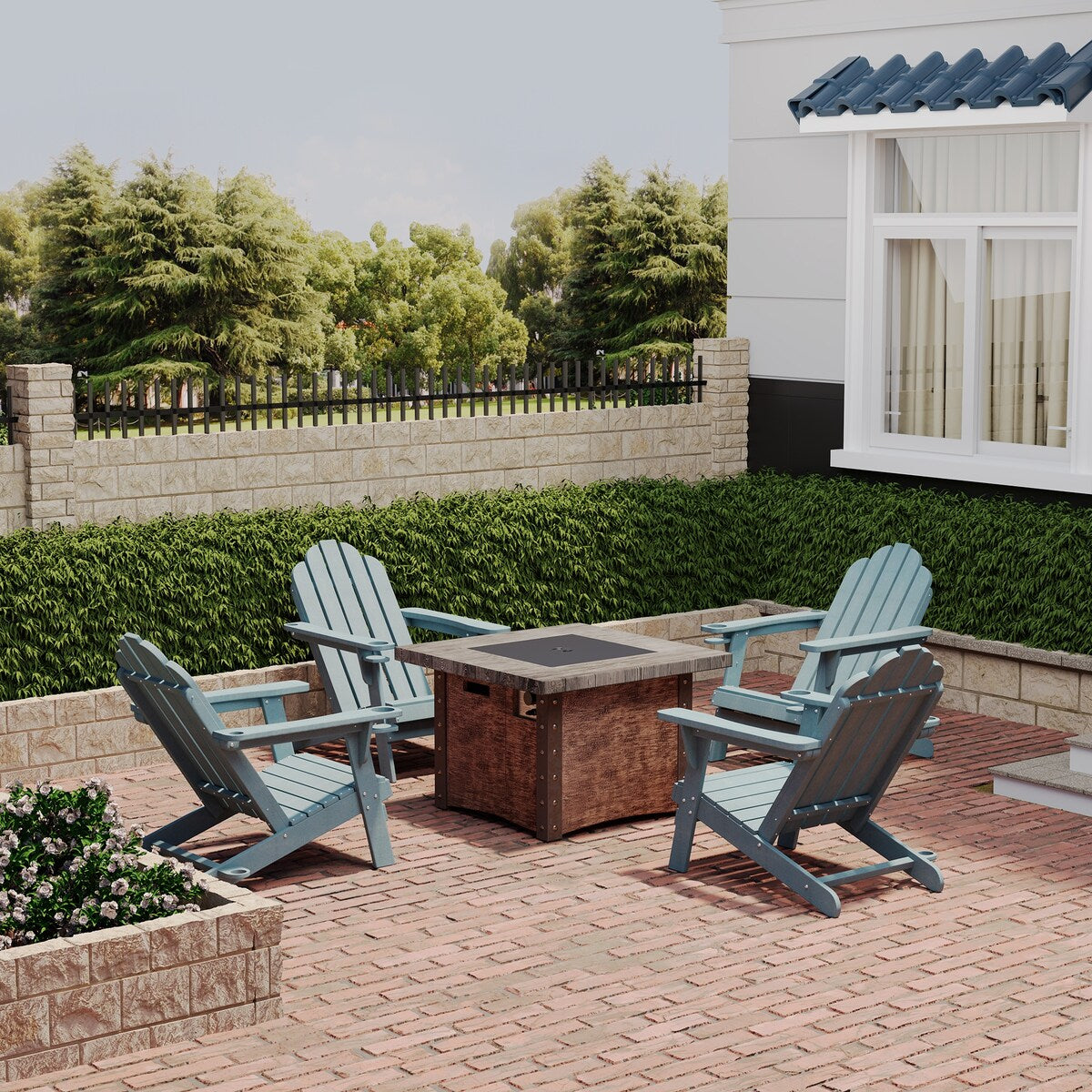 Ensemble de 5 foyers extérieurs en métal de 34,5 po, table et chaises Adirondack avec porte-gobelet et porte-parapluie