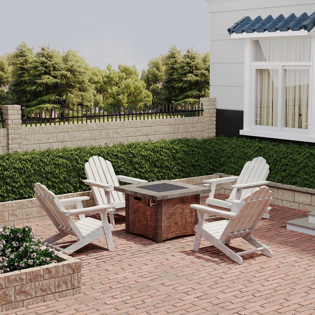 Ensemble de 5 foyers extérieurs en métal de 34,5 po, table et chaises Adirondack avec porte-gobelet et porte-parapluie