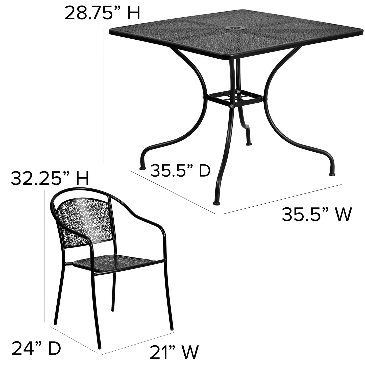 Ensemble de salle à manger carré en acier, 5 pièces, 35,5 pouces, pour intérieur et extérieur