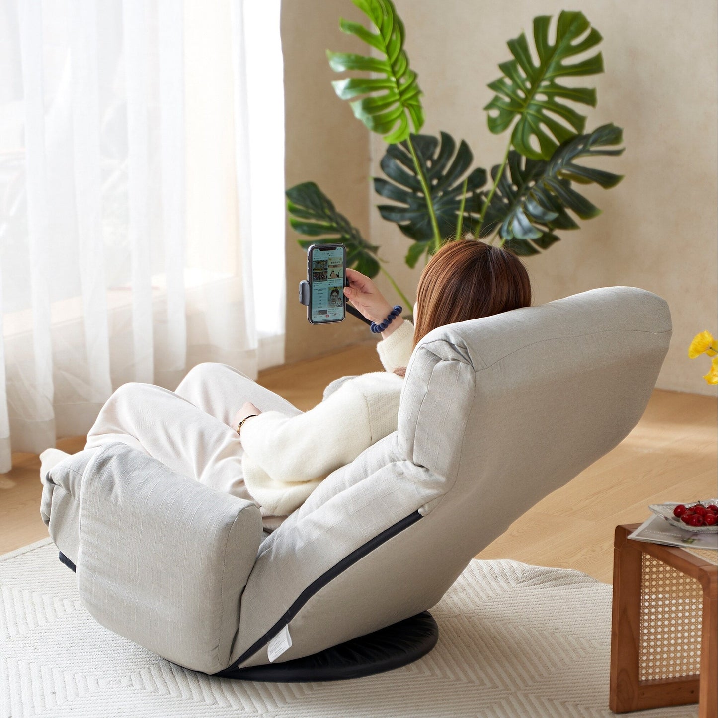 Fauteuil de salon réglable, pivotant à 360 degrés, pliable et inclinable, avec support pour téléphone