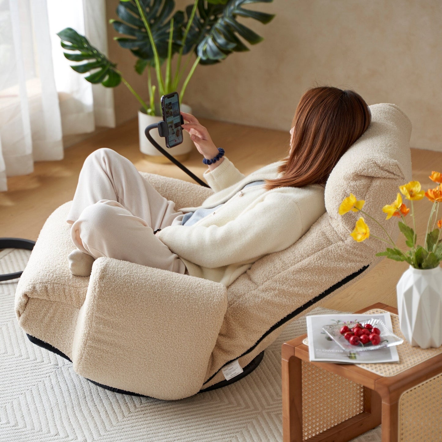 Fauteuil de salon réglable, pivotant à 360 degrés, pliable et inclinable, avec support pour téléphone