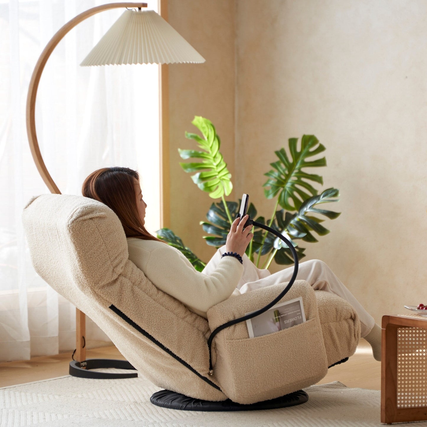 Fauteuil de salon réglable, pivotant à 360 degrés, pliable et inclinable, avec support pour téléphone