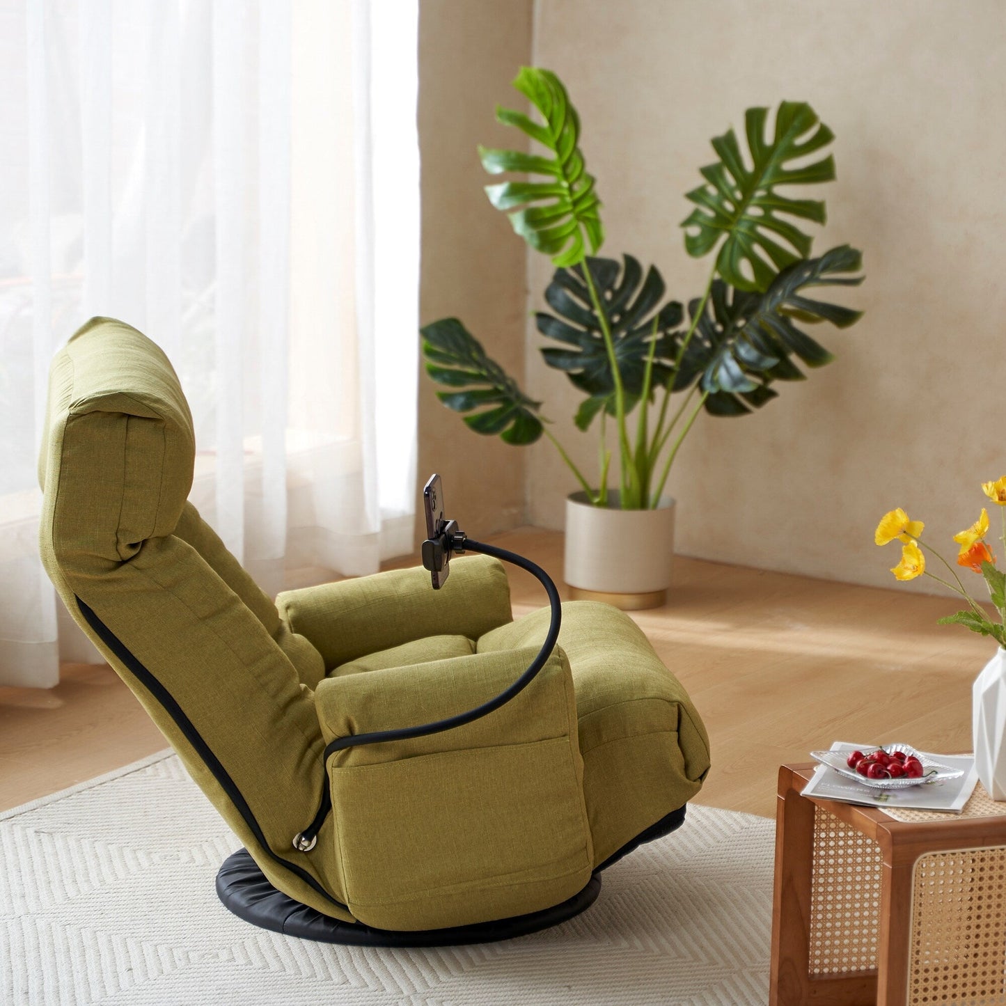Fauteuil de salon réglable, pivotant à 360 degrés, pliable et inclinable, avec support pour téléphone