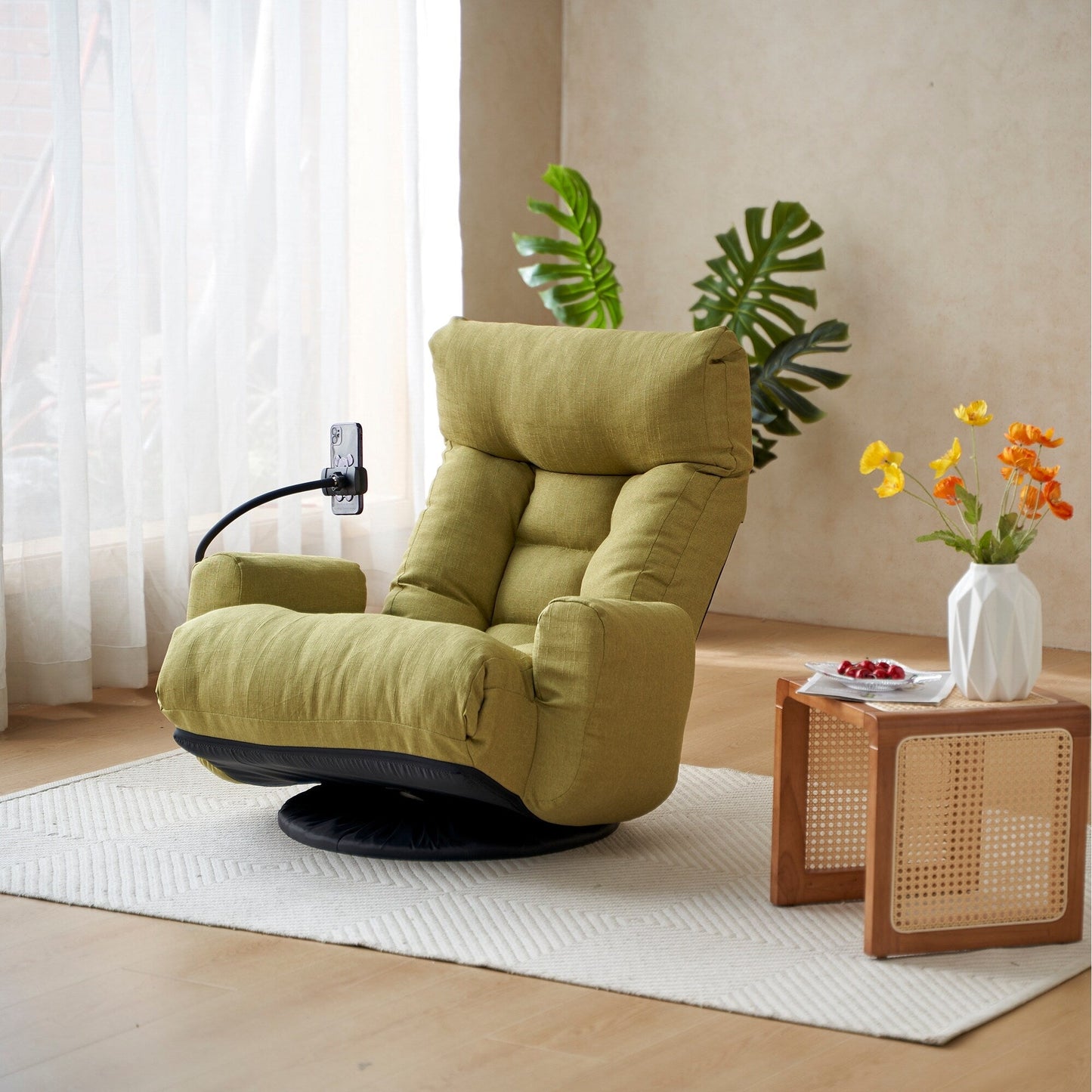 Fauteuil de salon réglable, pivotant à 360 degrés, pliable et inclinable, avec support pour téléphone
