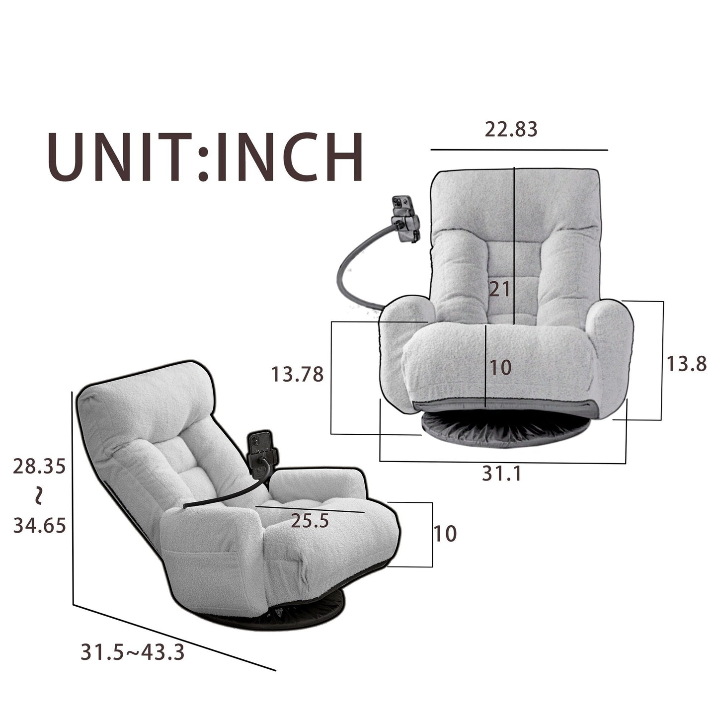 Fauteuil de salon réglable, pivotant à 360 degrés, pliable et inclinable, avec support pour téléphone