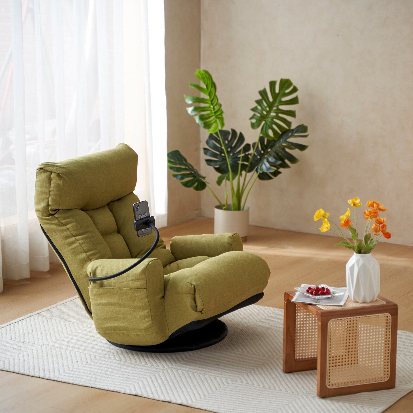 Fauteuil de salon réglable, pivotant à 360 degrés, pliable et inclinable, avec support pour téléphone