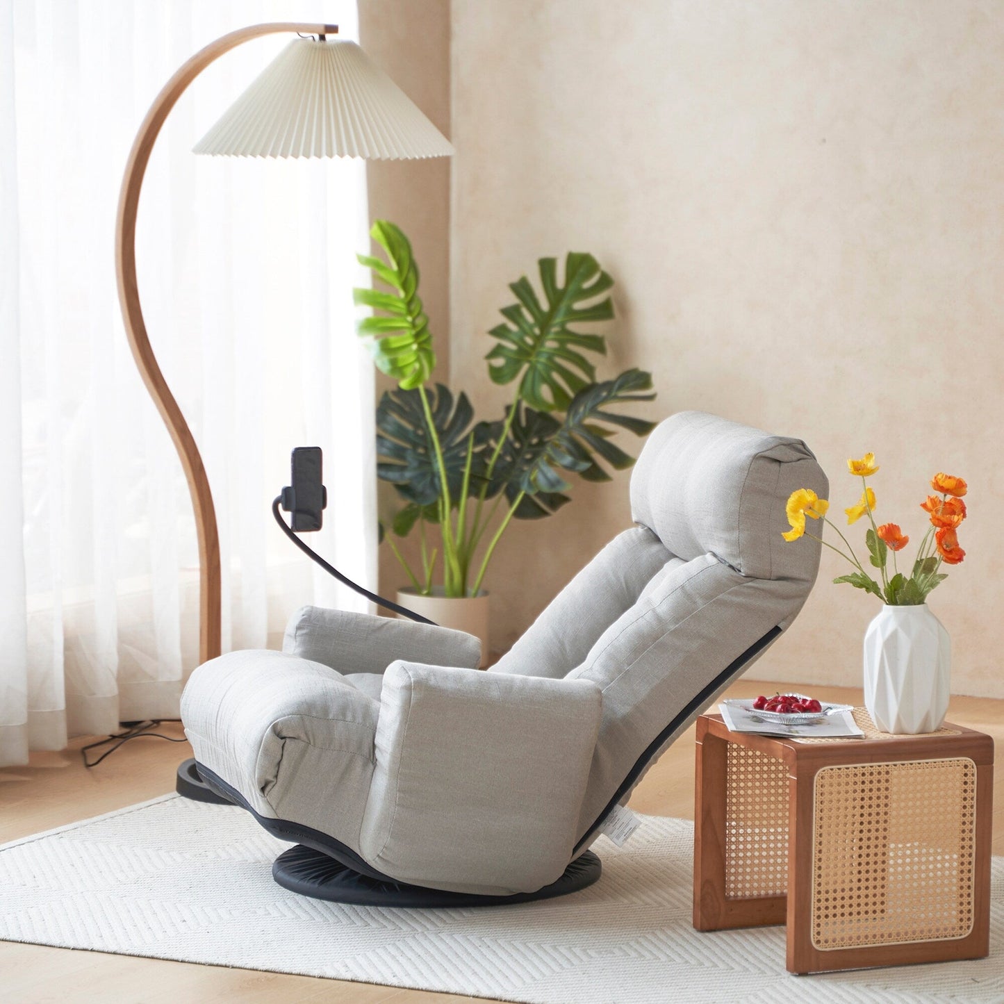 Fauteuil de salon réglable, pivotant à 360 degrés, pliable et inclinable, avec support pour téléphone