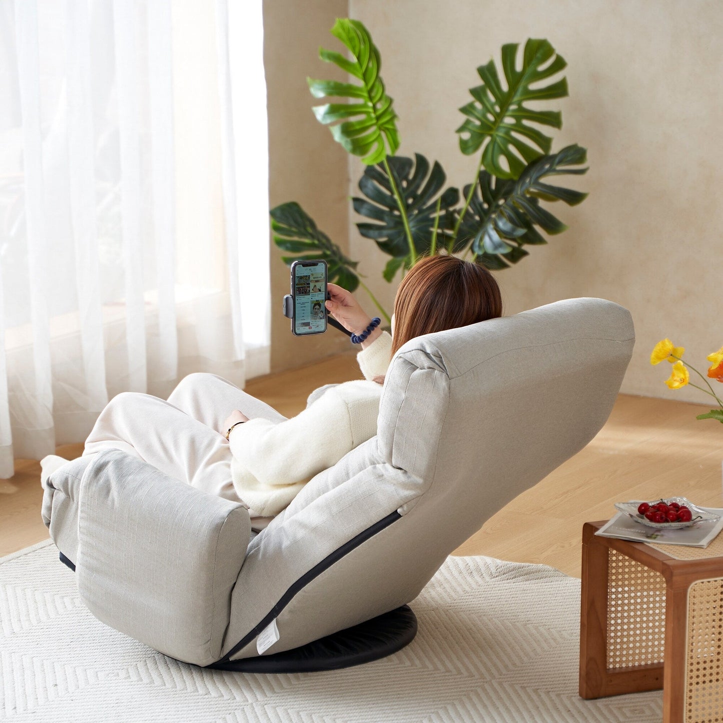Fauteuil de salon réglable, pivotant à 360 degrés, pliable et inclinable, avec support pour téléphone