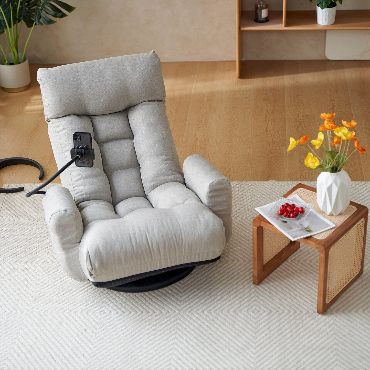 Fauteuil de salon réglable, pivotant à 360 degrés, pliable et inclinable, avec support pour téléphone