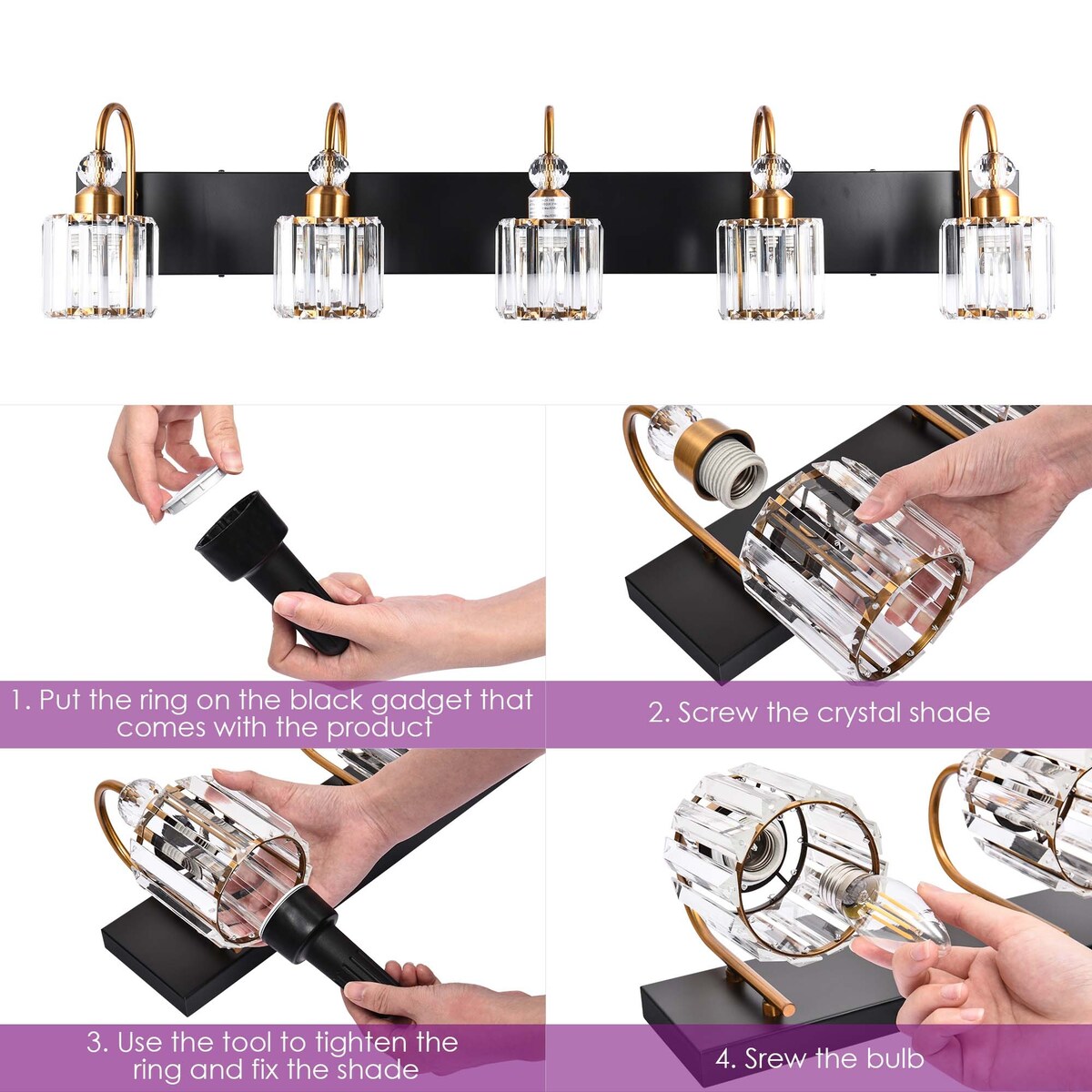 Applique murale moderne en cristal chromé/noir/doré pour salle de bain, éclairage de vanité