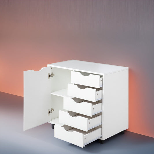 Commode de rangement en bois à 5 tiroirs avec roulettes - Meuble de rangement pour loisirs créatifs et maquillage pour dressing et chambre