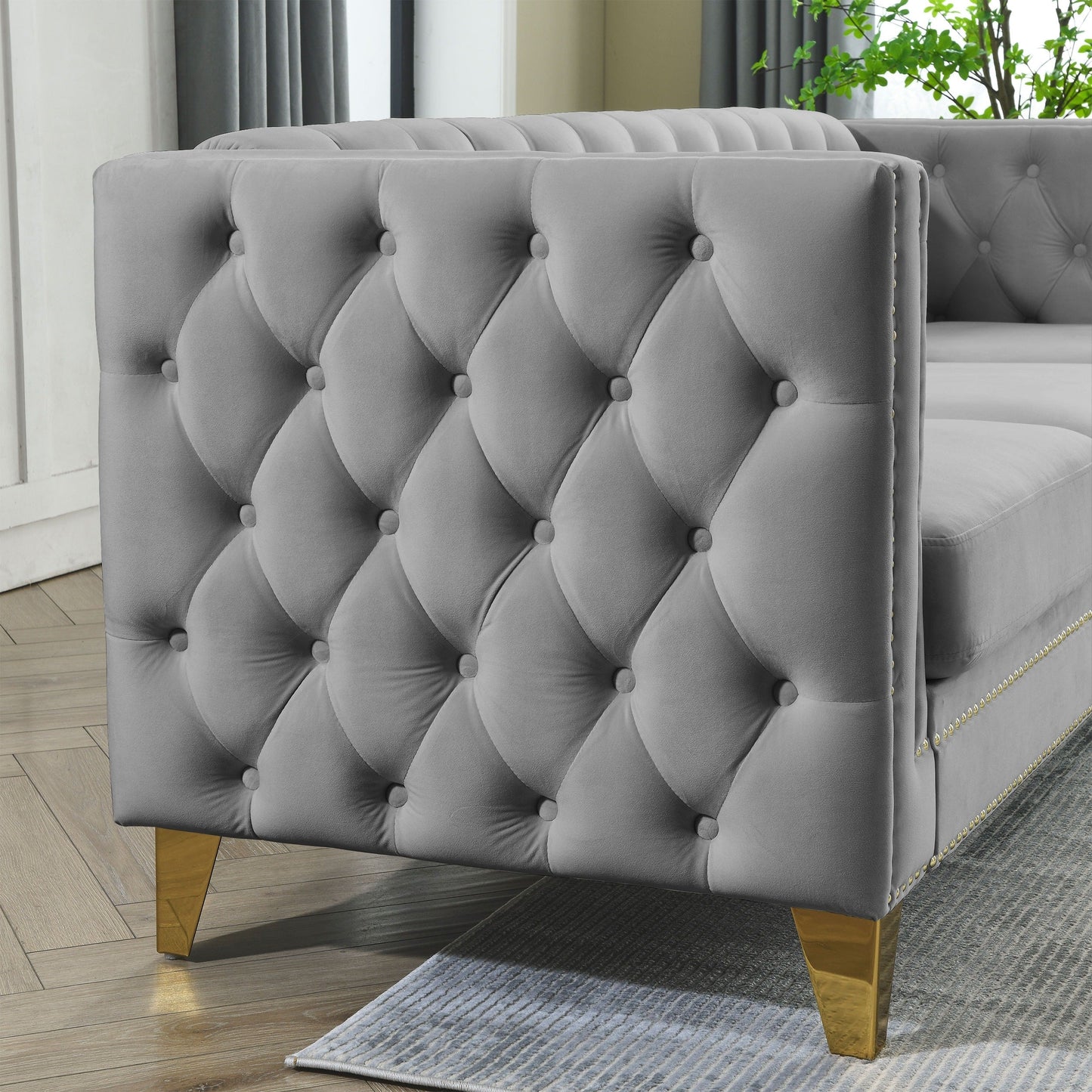 {Contactez-nous pour la modélisation 3D} Canapé en velours pour salon, canapé à accoudoirs carrés capitonnés à boutons, canapé moderne rembourré à boutons et moi