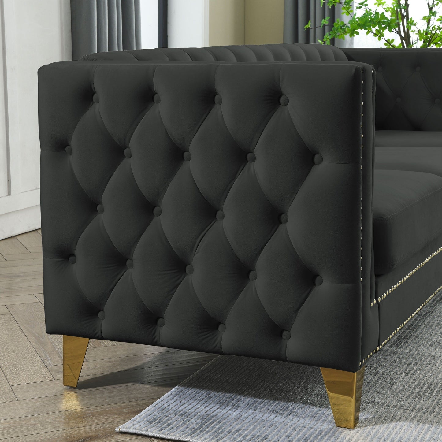 {Contactez-nous pour la modélisation 3D} Canapé en velours pour salon, canapé à accoudoirs carrés capitonnés à boutons, canapé moderne rembourré à boutons et moi