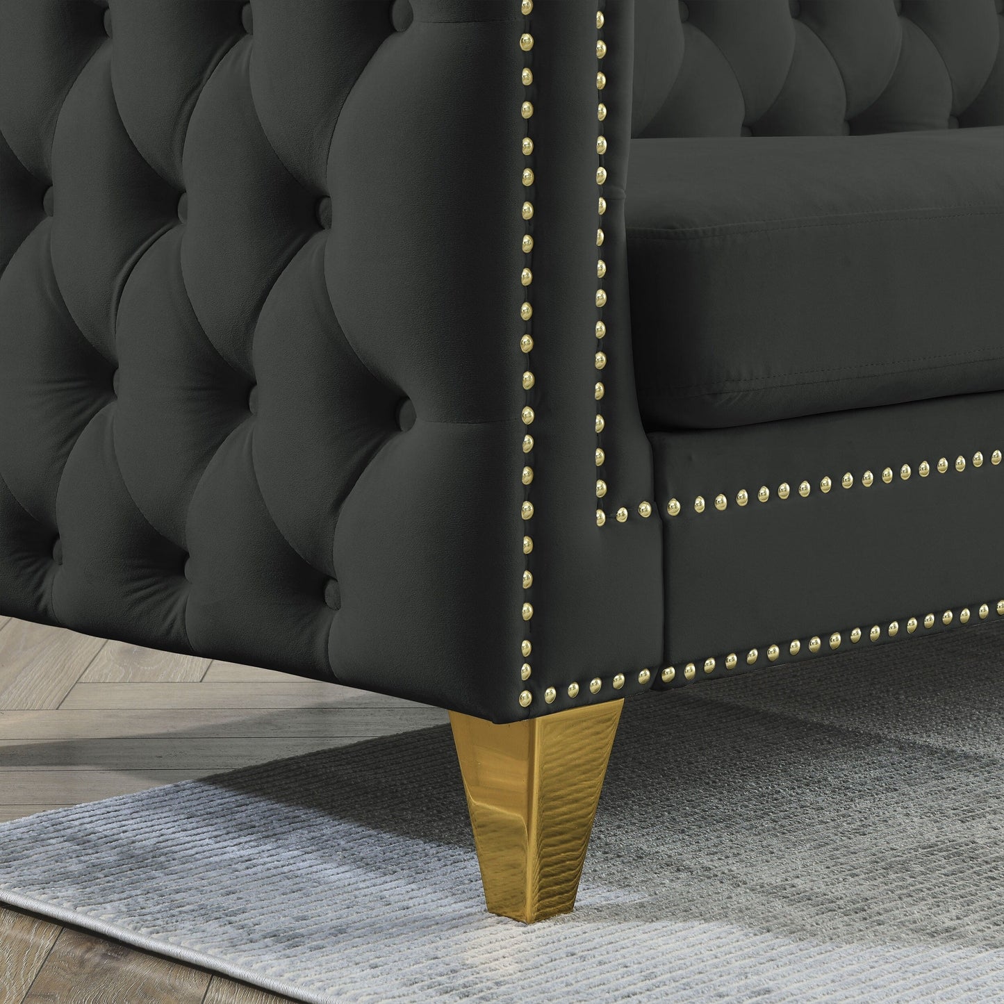{Contactez-nous pour la modélisation 3D} Canapé en velours pour salon, canapé à accoudoirs carrés capitonnés à boutons, canapé moderne rembourré à boutons et moi