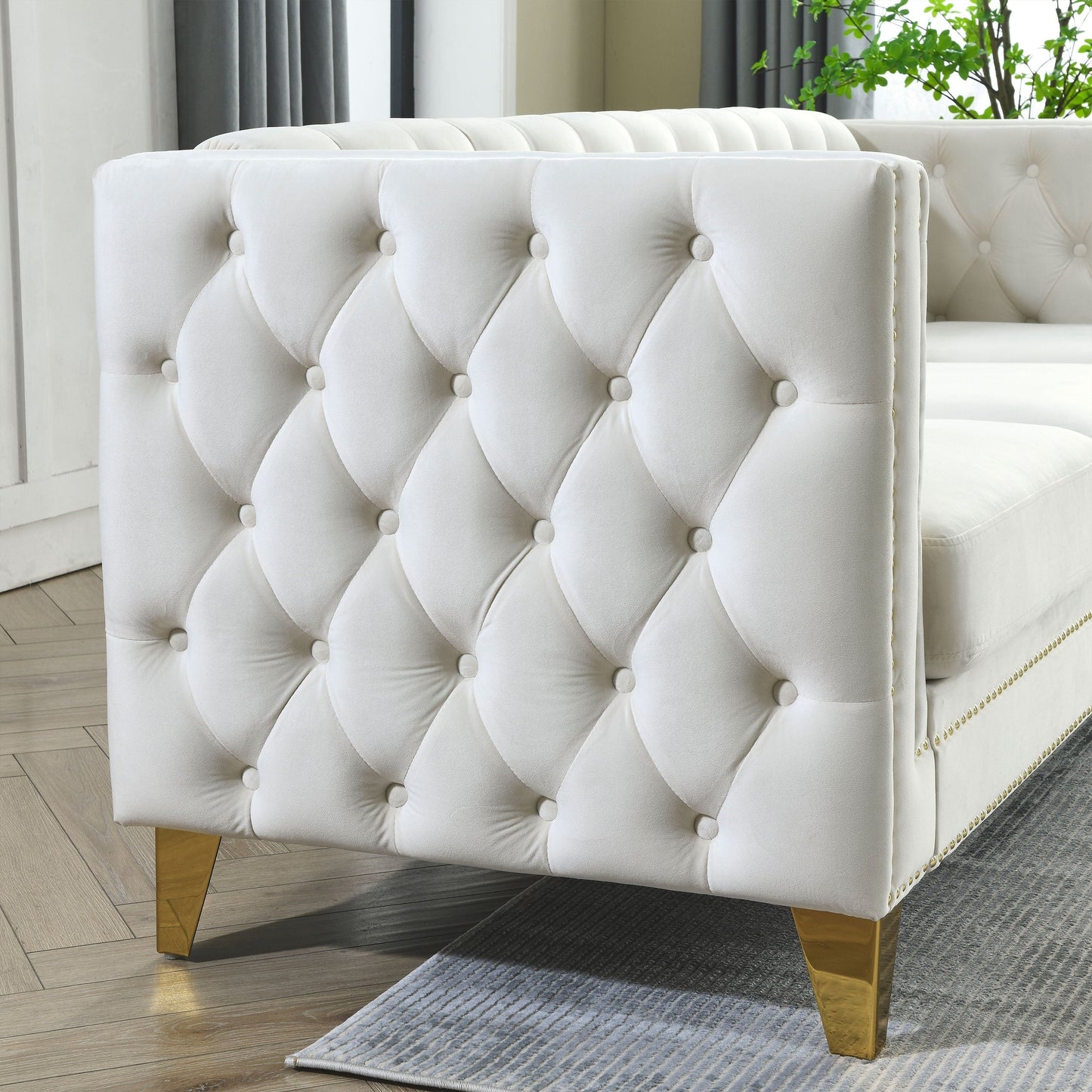 {Contactez-nous pour la modélisation 3D} Canapé en velours pour salon, canapé à accoudoirs carrés capitonnés à boutons, canapé moderne rembourré à boutons et moi