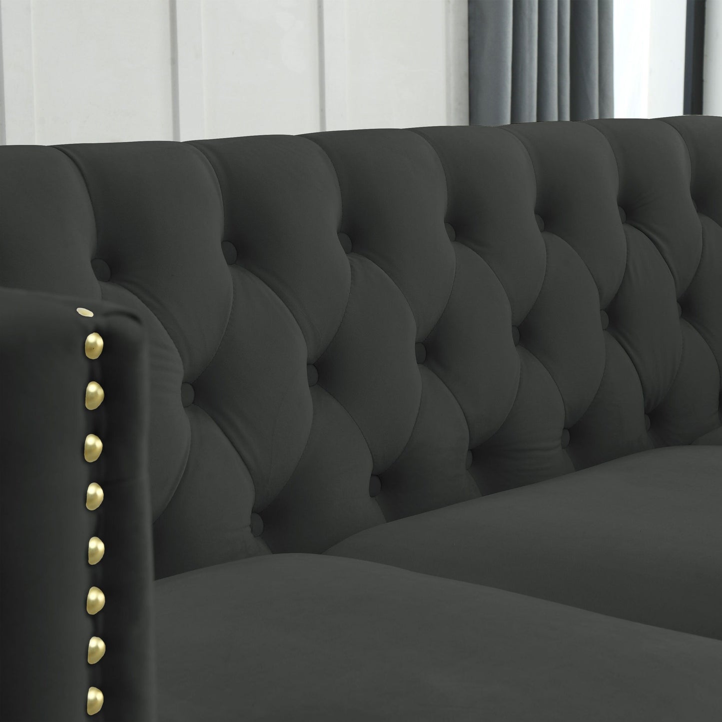 {Contactez-nous pour la modélisation 3D} Canapé en velours pour salon, canapé à accoudoirs carrés capitonnés à boutons, canapé moderne rembourré à boutons et moi
