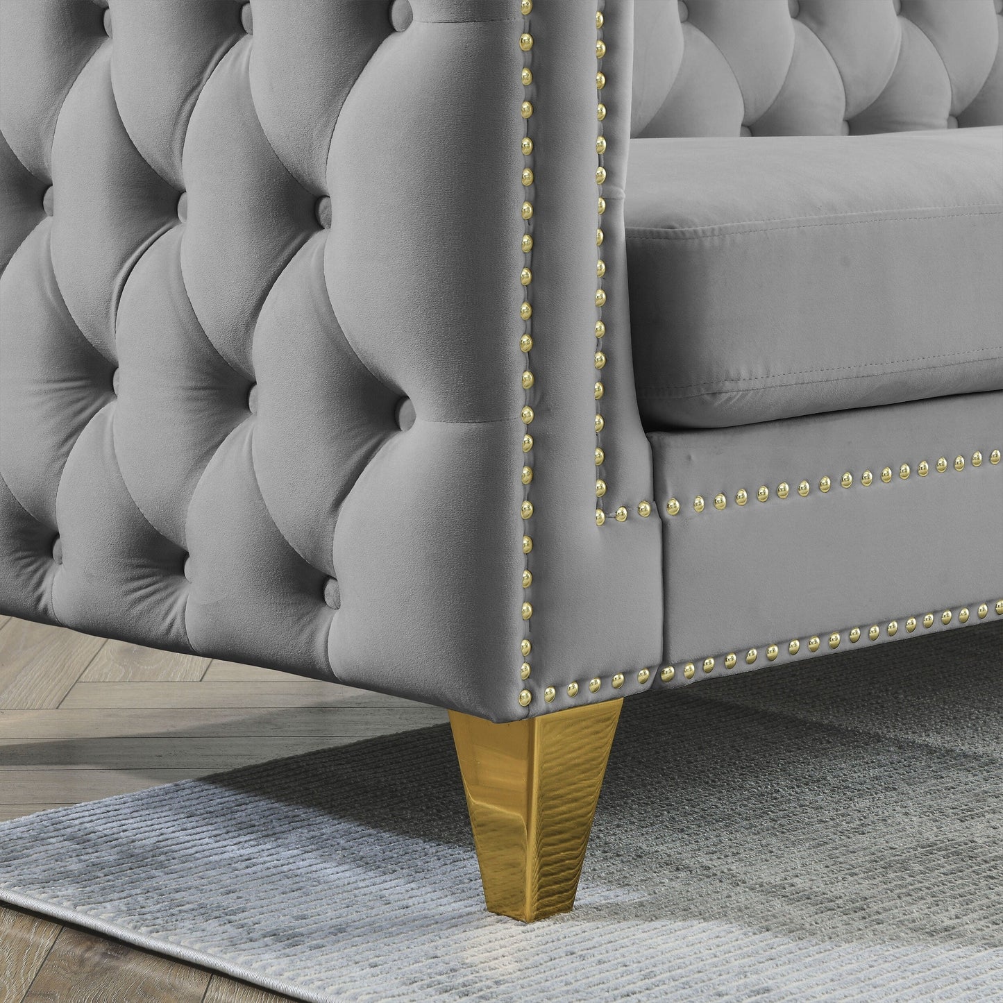 {Contactez-nous pour la modélisation 3D} Canapé en velours pour salon, canapé à accoudoirs carrés capitonnés à boutons, canapé moderne rembourré à boutons et moi