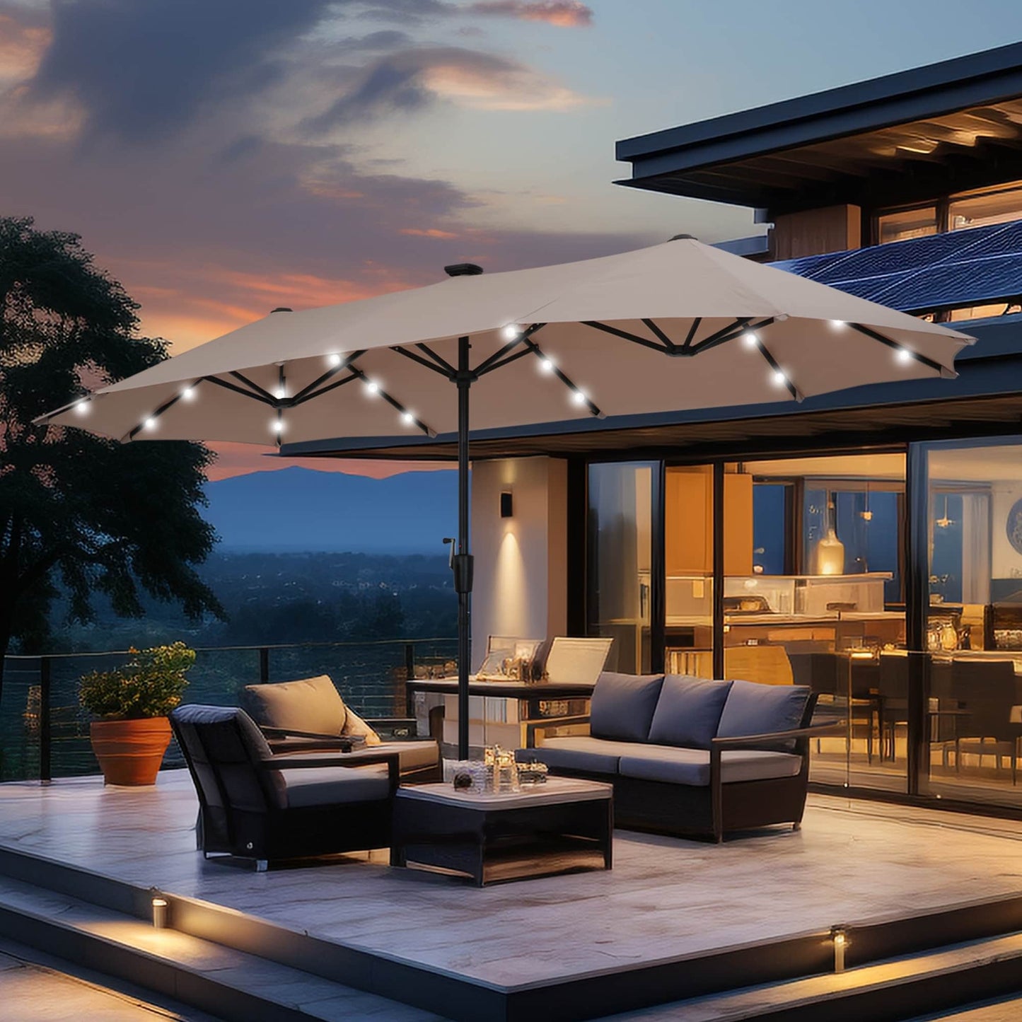 Parasol de terrasse extra large Autlaycil de 4 m avec lampes solaires (sans base)