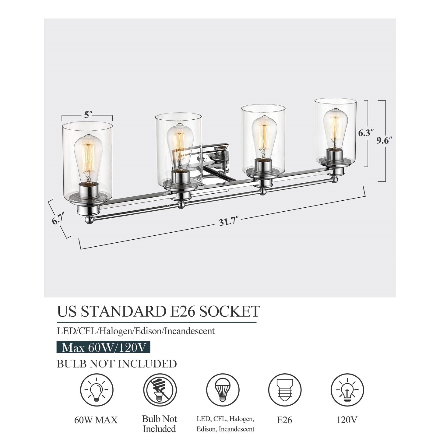 Applique murale pour salle de bain avec miroir et abat-jour en verre transparent