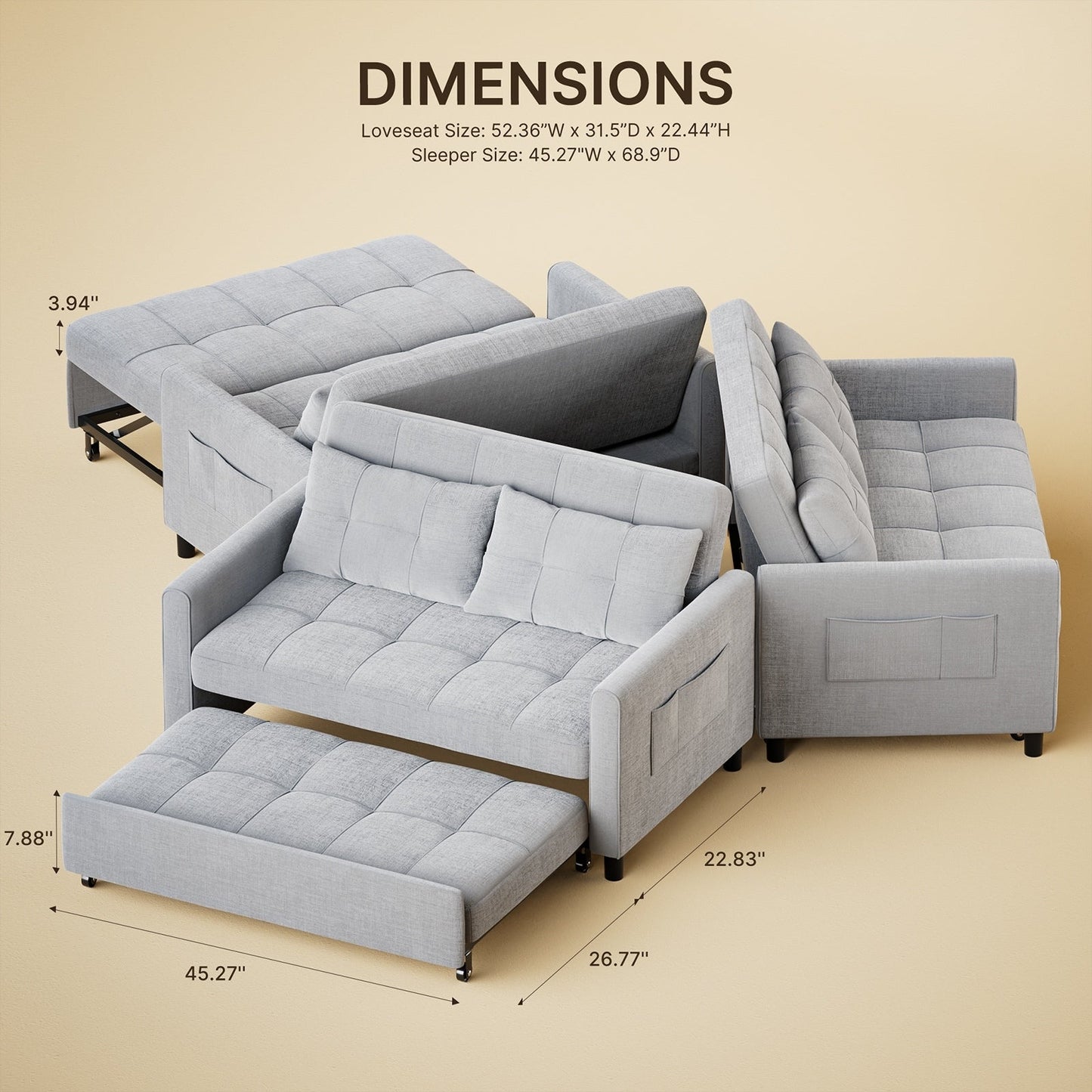 Canapé-lit convertible 3 en 1, chaise longue, causeuse avec lit escamotable, velours/tissu