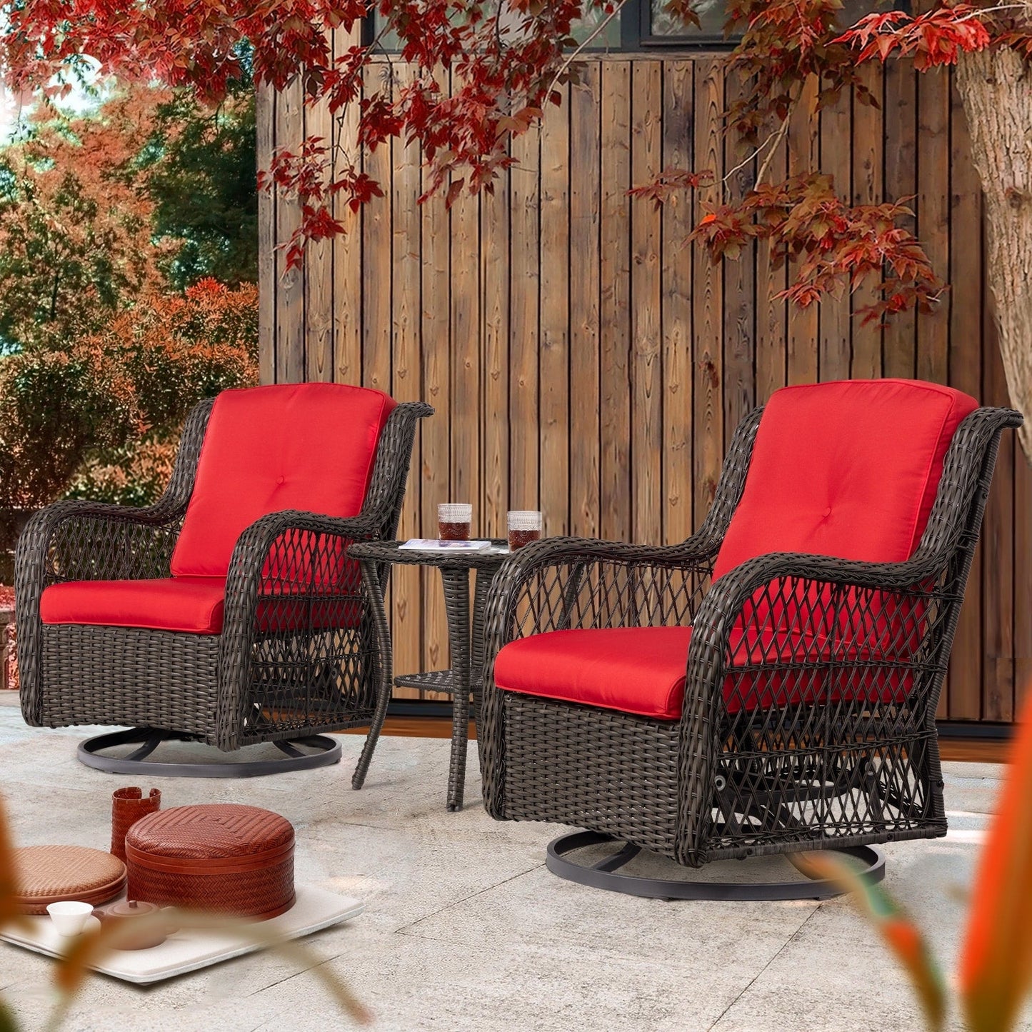 Ensemble de 3 chaises pivotantes à bascule en osier marron pour l'extérieur
