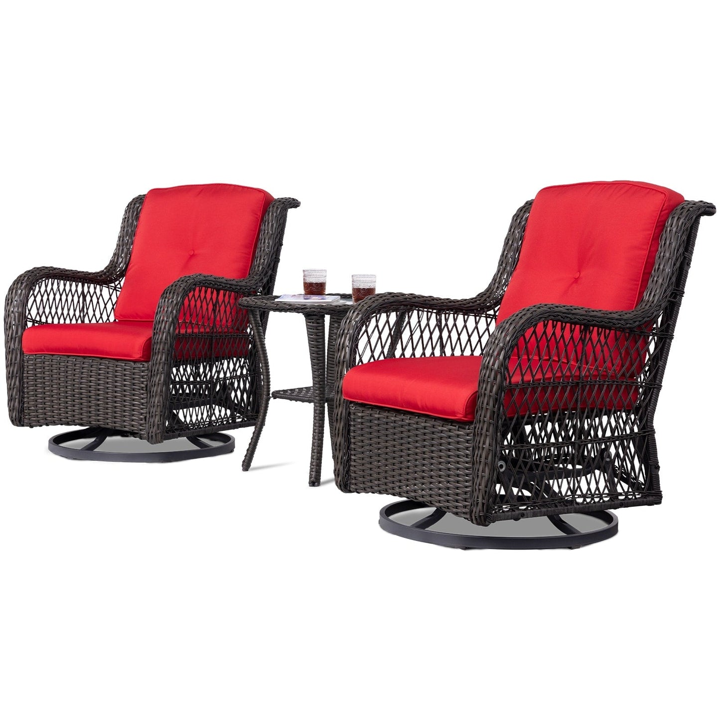 Ensemble de 3 chaises pivotantes à bascule en osier marron pour l'extérieur