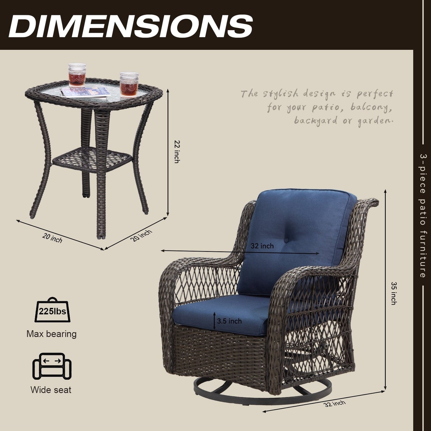 Ensemble de 3 chaises pivotantes à bascule en osier marron pour l'extérieur