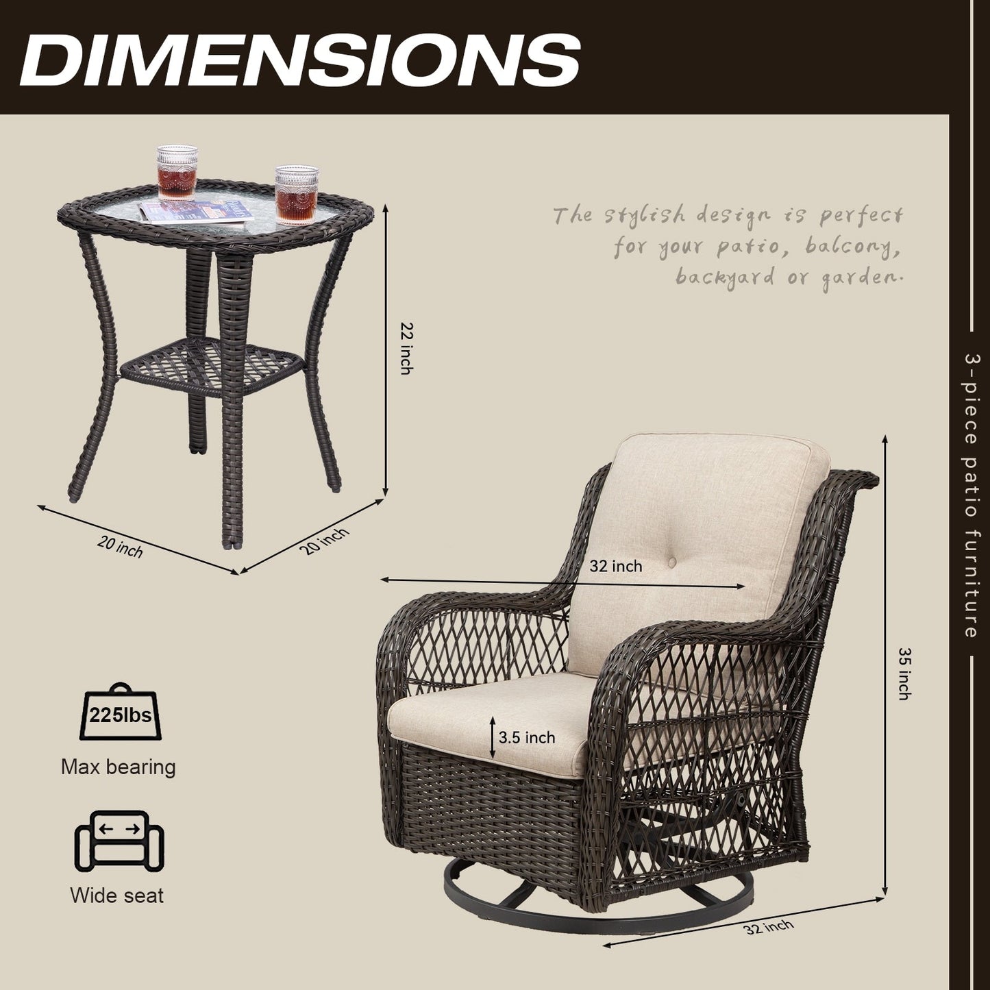 Ensemble de 3 chaises pivotantes à bascule en osier marron pour l'extérieur