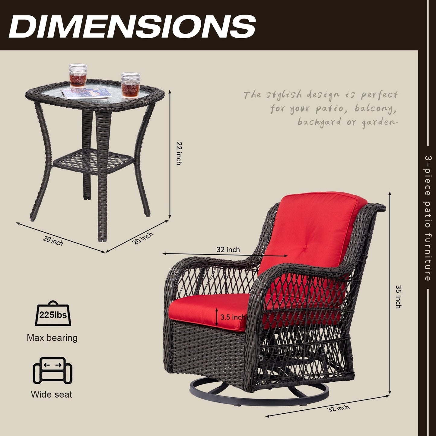 Ensemble de 3 chaises pivotantes à bascule en osier marron pour l'extérieur