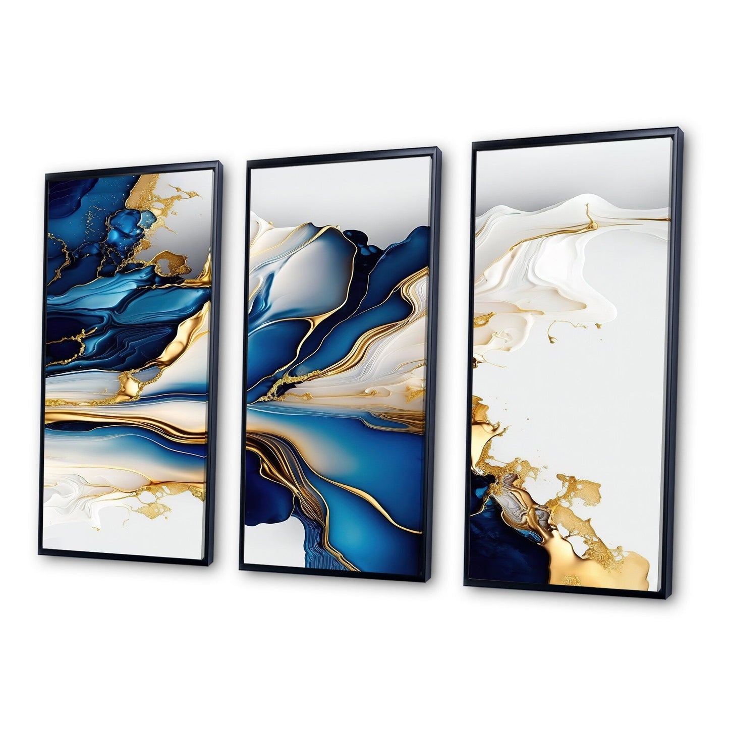 Impression sur toile encadrée Designart Abstract Geode Gold and Blue Marble Shape III, motif géométrique moderne - 3 panneaux