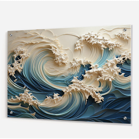 Décoration murale brillante en acrylique Motif vagues côtières, style III, motif vagues blanches et bleues, pour chambre à coucher