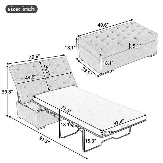 Canapé-lit pliant, ottoman de 49,6 pouces avec un canapé-lit pliant, un canapé-lit ottoman convertible avec matelas à mémoire de forme et un design capitonné