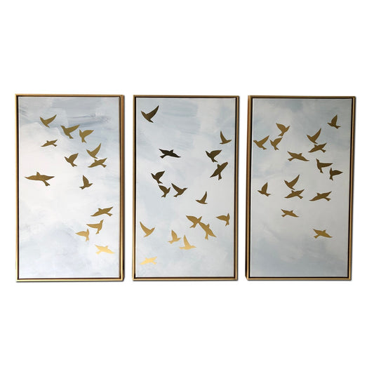 Ensemble de 3 impressions sur toile encadrée dorée « Golden Birds »