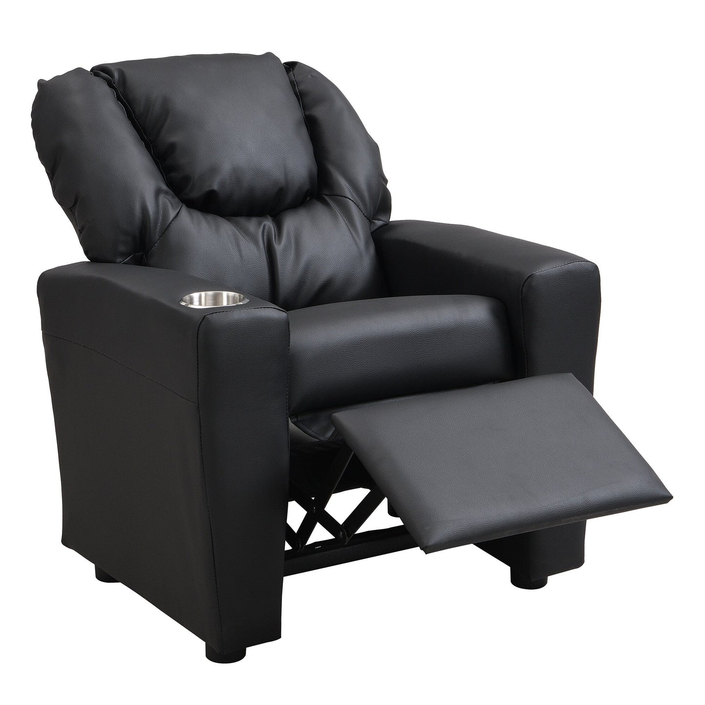 Fauteuil inclinable pour enfant en PVC noir, durable, avec porte-gobelet, design ergonomique, assemblage facile, capacité de 150 lb