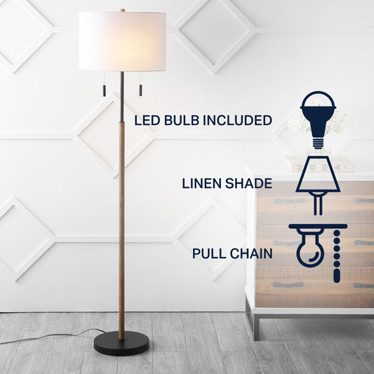 Lampadaire LED Koda 61 rustique en fer avec chandelier et chaînes de traction, finition bois marron/noir par JONATHAN Y