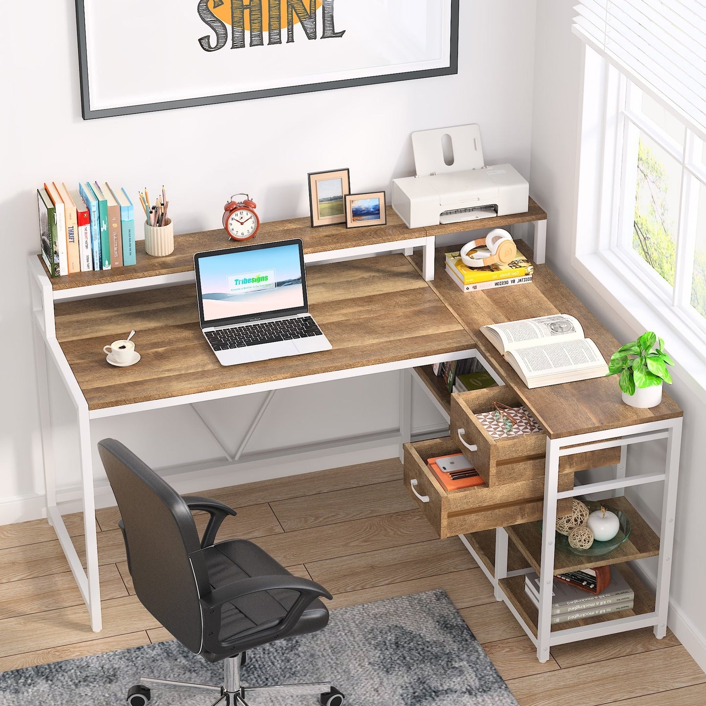 Bureau en L avec tiroir, bureau d'angle avec étagères de rangement et support d'écran, bureau PC rustique pour petit espace