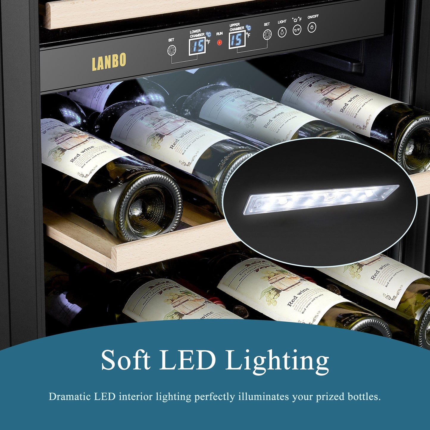 Cave à vin autonome Lanbo 20 pouces, 64 bouteilles, double zone, porte vitrée avec garniture en acier inoxydable et deux serrures de sécurité.