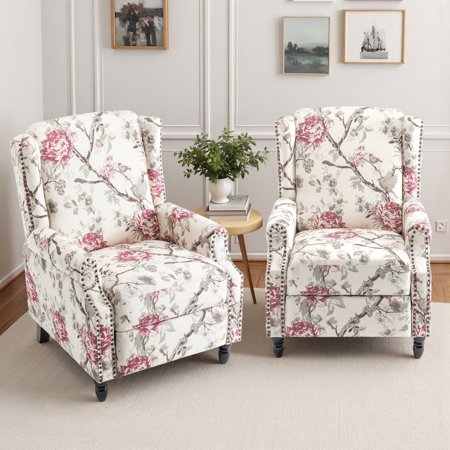Ensemble de 2 fauteuils inclinables manuels à dossier à motif floral vintage de 29 po de largeur