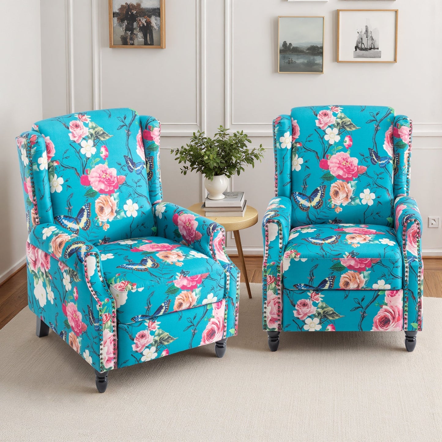 Ensemble de 2 fauteuils inclinables manuels à dossier à motif floral vintage de 29 po de largeur