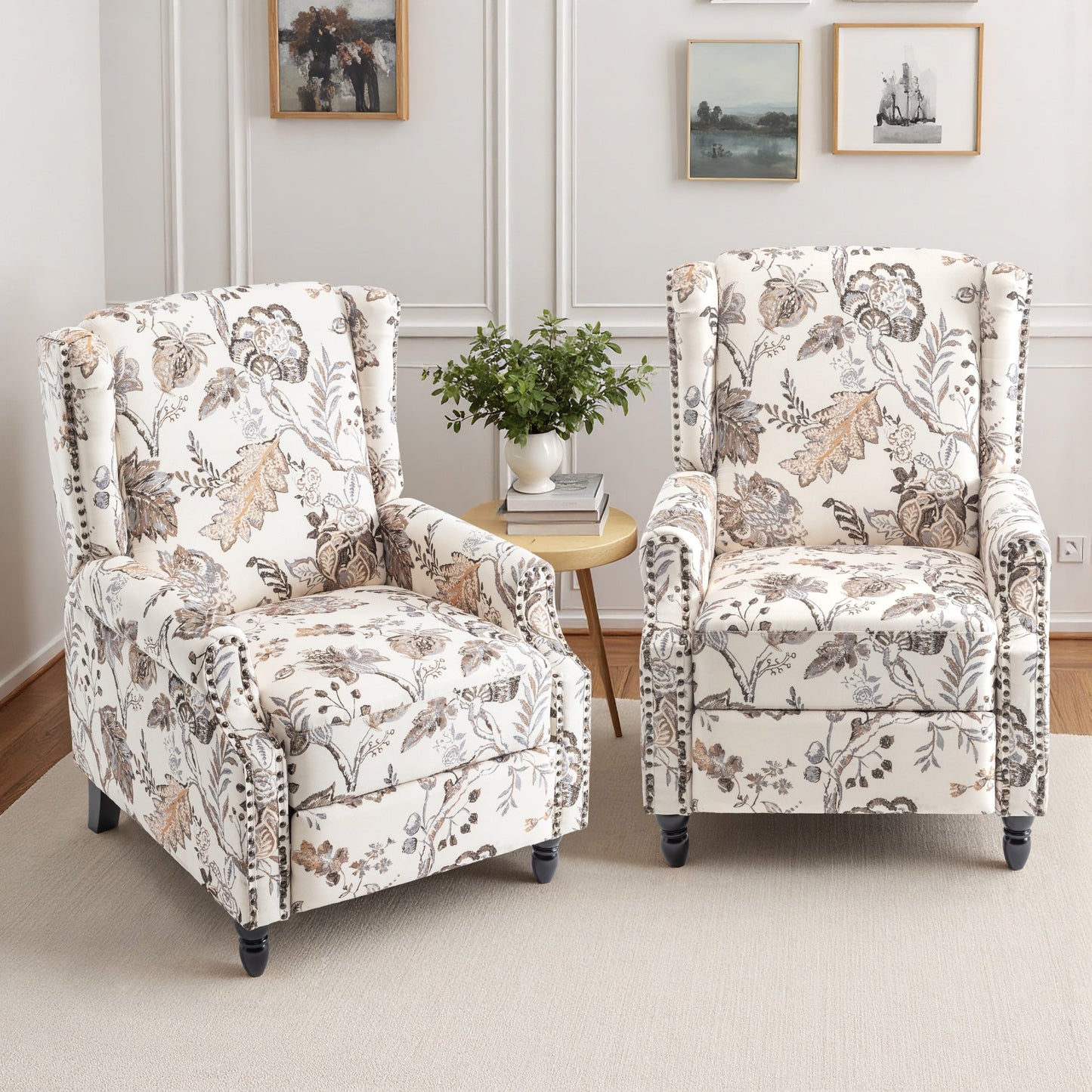 Ensemble de 2 fauteuils inclinables manuels à dossier à motif floral vintage de 29 po de largeur