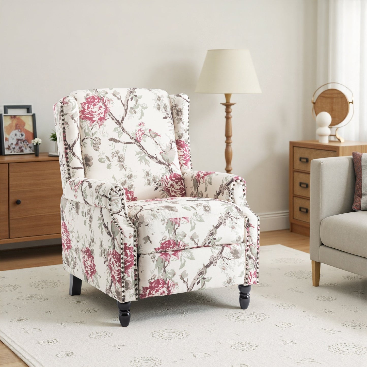 Fauteuil inclinable manuel à dossier relevable en lin vintage floral de 29 po de largeur
