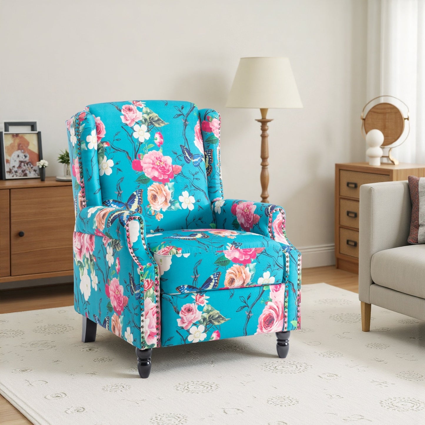 Fauteuil inclinable manuel à dossier relevable en lin vintage floral de 29 po de largeur